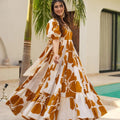 Mustard Floral Floral Floor Length Kurti with Puff Sleeves - Mangaldeep NX