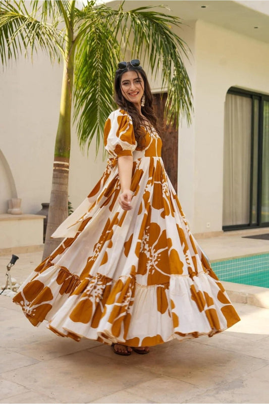 Mustard Floral Floral Floor Length Kurti with Puff Sleeves - Mangaldeep NX