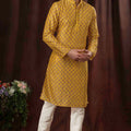 Mustard Yellow Art Silk Kurta Pyjama Set for Men with Brocade Weave and Geometric Motifs - Mangaldeep NX