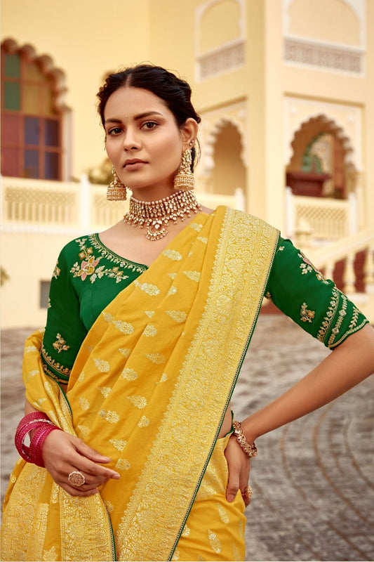 Mustard Yellow Banarasi Silk Saree with Gold Zari Work - Mangaldeep NX