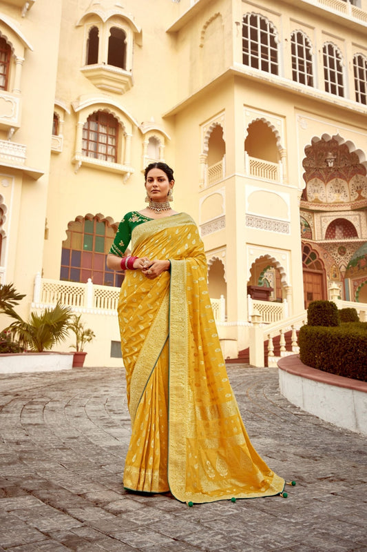 Mustard Yellow Banarasi Silk Saree with Gold Zari Work - Mangaldeep NX