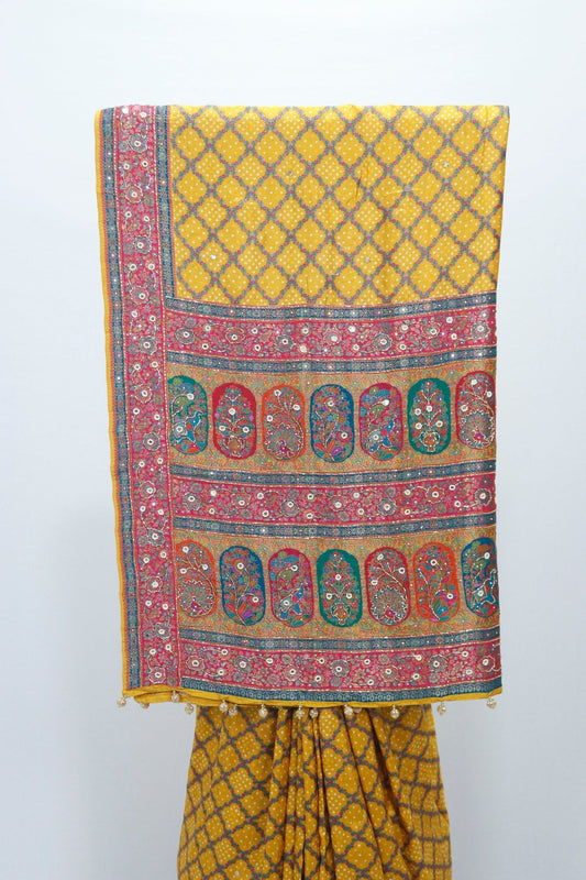 Mustard Yellow Bandhani Banarasi Silk Saree Pallu and Red Zari Border - Mangaldeep NX