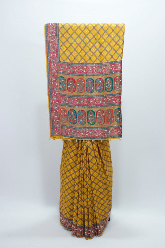 Mustard Yellow Bandhani Banarasi Silk Saree Pallu and Red Zari Border - Mangaldeep NX