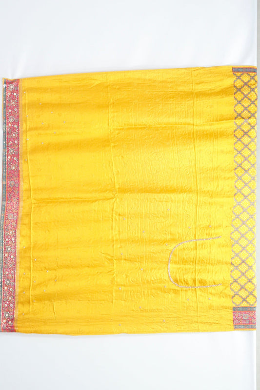 Mustard Yellow Bandhani Banarasi Silk Saree Pallu and Red Zari Border - Mangaldeep NX
