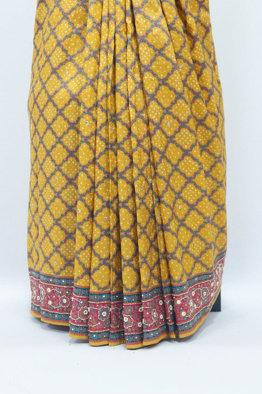 Mustard Yellow Bandhani Banarasi Silk Saree Pallu and Red Zari Border - Mangaldeep NX