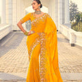 Mustard Yellow Designer Georgette Saree with Floral Embroidery - Mangaldeep NX