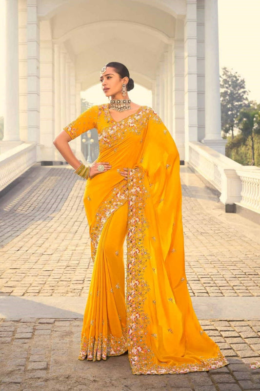 Mustard Yellow Designer Georgette Saree with Floral Embroidery - Mangaldeep NX