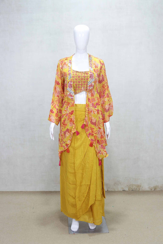 Mustard Yellow Embroidered Crop Top and Draped Skirt Set with Printed Tassel Jacket - Mangaldeep NX
