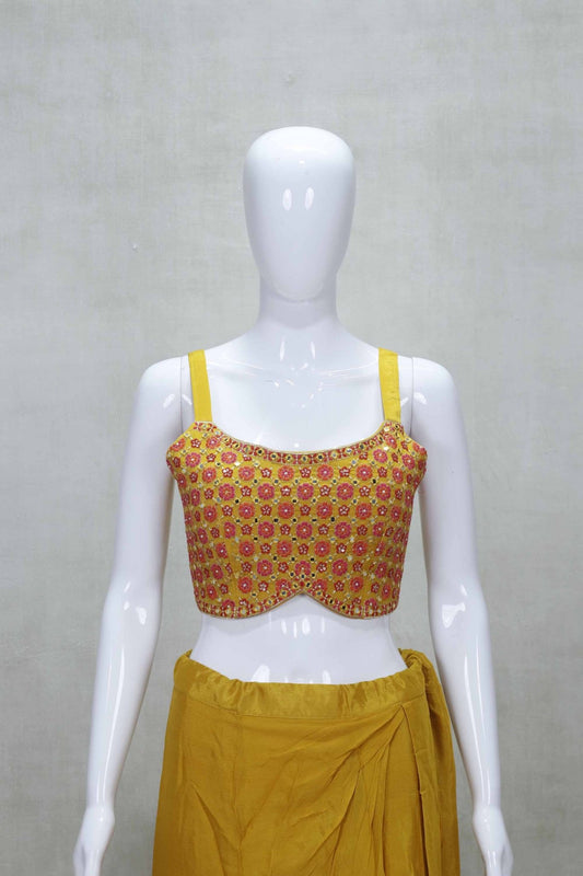 Mustard Yellow Embroidered Crop Top and Draped Skirt Set with Printed Tassel Jacket - Mangaldeep NX