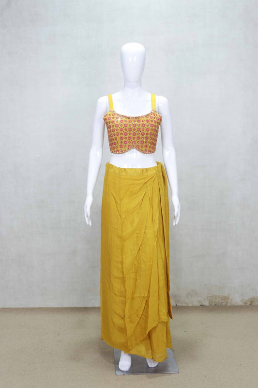 Mustard Yellow Embroidered Crop Top and Draped Skirt Set with Printed Tassel Jacket - Mangaldeep NX