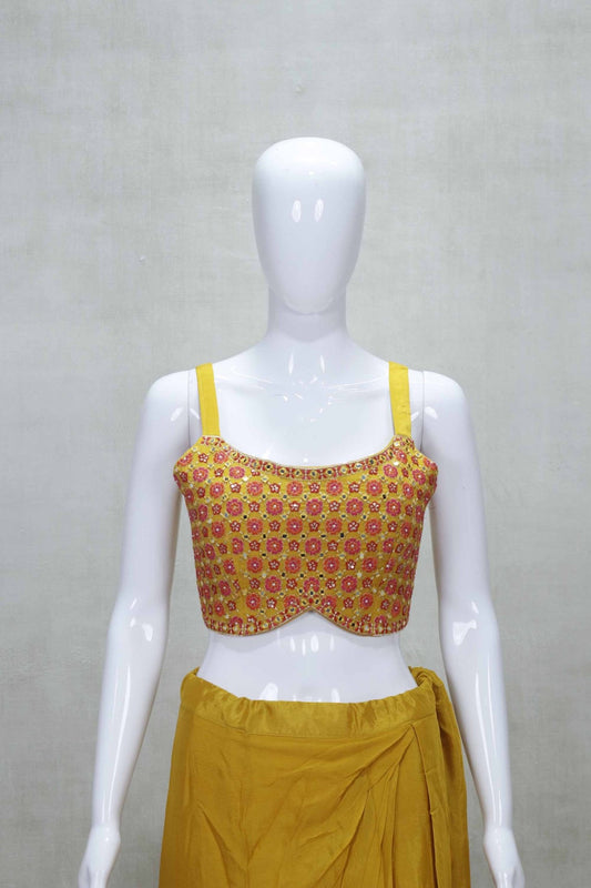 Mustard Yellow Embroidered Crop Top and Draped Skirt Set with Printed Tassel Jacket - Mangaldeep NX