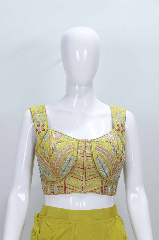 Mustard Yellow Embroidered Crop Top with Layered Shrug and Flared Palazzo Pants Set - Mangaldeep NX