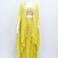 Mustard Yellow Embroidered Crop Top with Layered Shrug and Flared Palazzo Pants Set - Mangaldeep NX