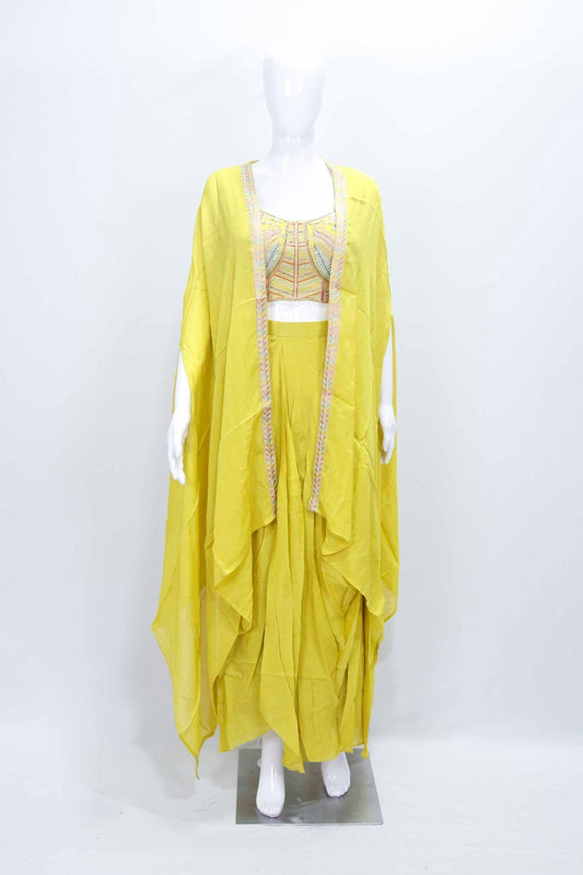 Mustard Yellow Embroidered Crop Top with Layered Shrug and Flared Palazzo Pants Set - Mangaldeep NX