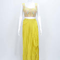 Mustard Yellow Embroidered Crop Top with Layered Shrug and Flared Palazzo Pants Set - Mangaldeep NX
