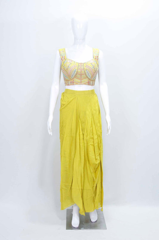 Mustard Yellow Embroidered Crop Top with Layered Shrug and Flared Palazzo Pants Set - Mangaldeep NX