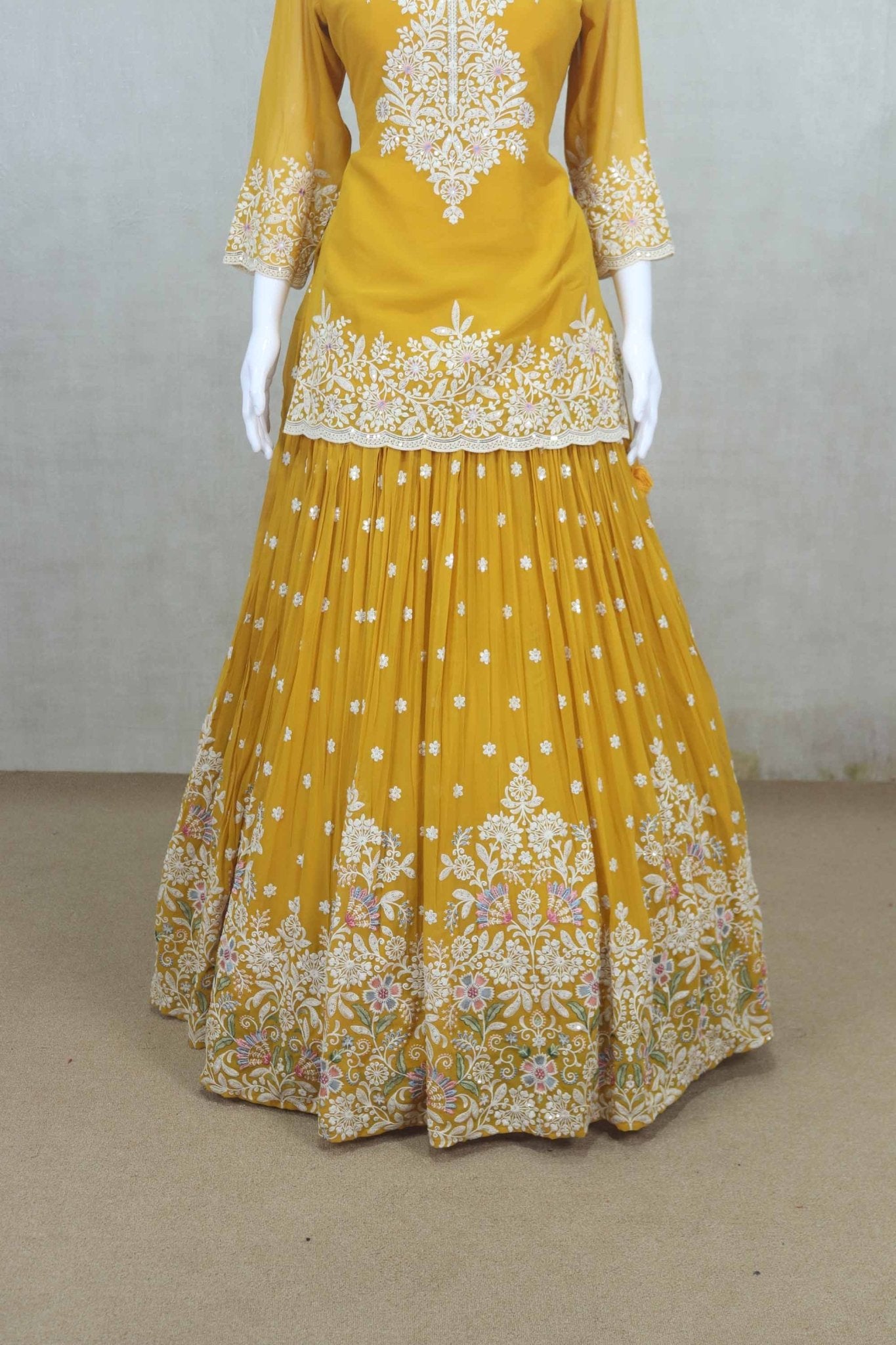 Mustard Yellow Embroidered Georgette Lehenga Choli Set with Dupatta - Mangaldeep NX