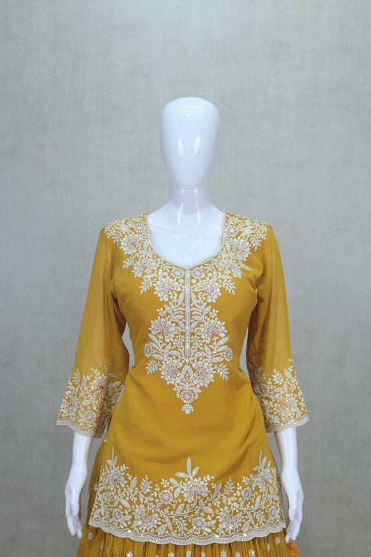 Mustard Yellow Embroidered Georgette Lehenga Choli Set with Dupatta - Mangaldeep NX