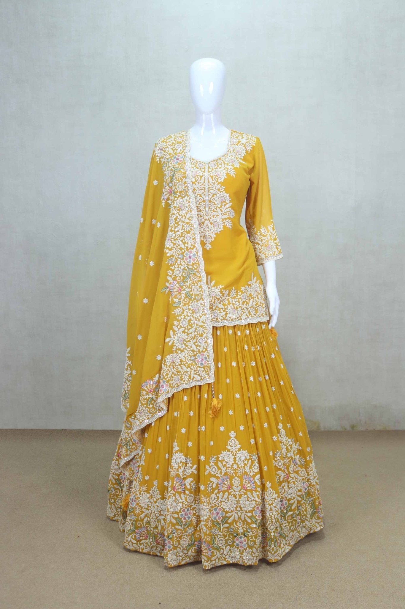Mustard Yellow Embroidered Georgette Lehenga Choli Set with Dupatta - Mangaldeep NX