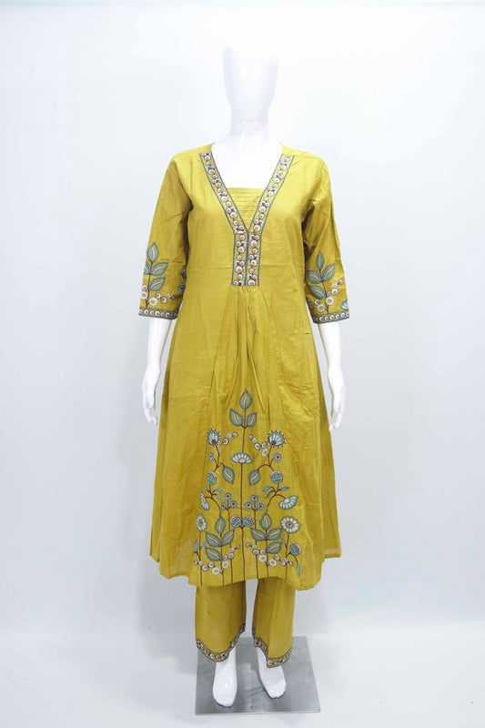 Mustard Yellow Embroidered Kurta Set with Floral Motifs and Mirror Work Dupatta for Women - Mangaldeep NX