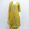 Mustard Yellow Embroidered Kurta Set with Floral Motifs and Mirror Work Dupatta for Women - Mangaldeep NX