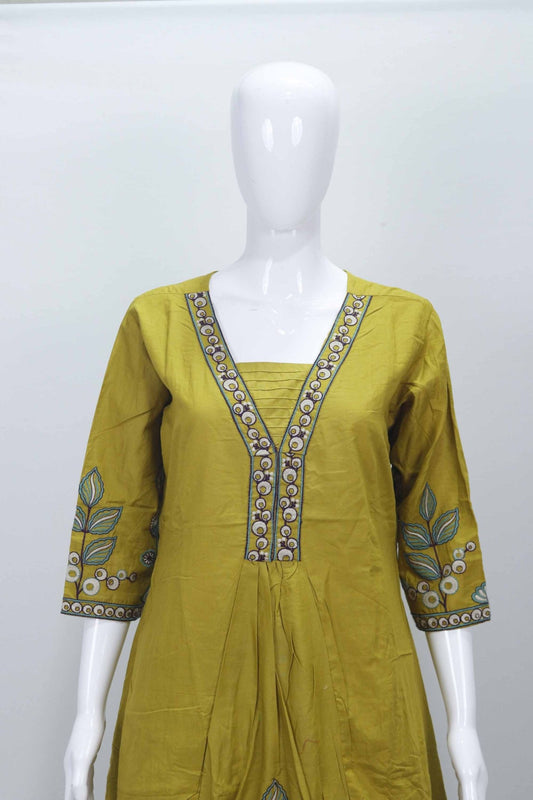 Mustard Yellow Embroidered Kurta Set with Floral Motifs and Mirror Work Dupatta for Women - Mangaldeep NX