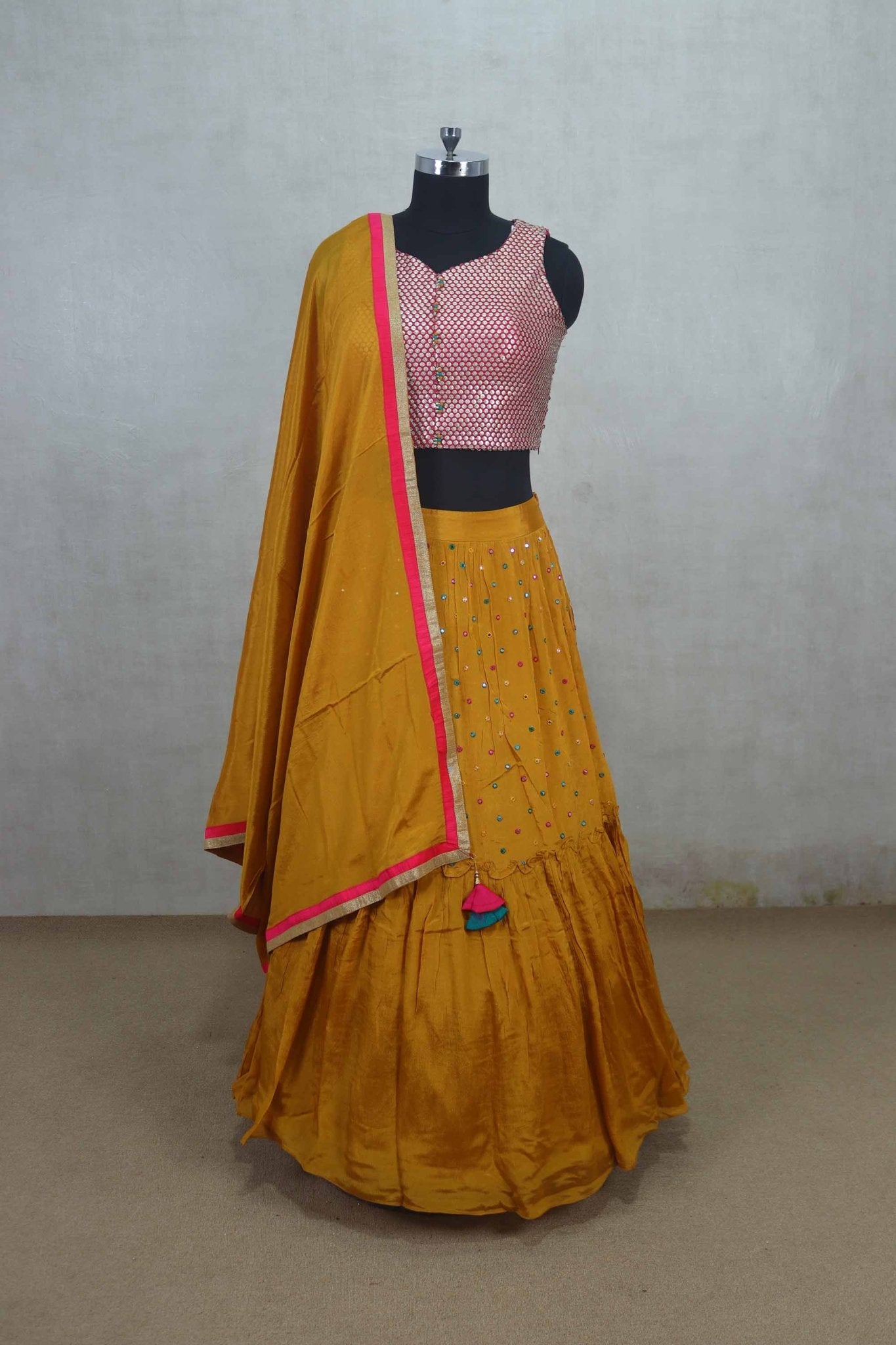 Mustard Yellow Embroidered Lehenga Choli Set with Mirror Work Blouse - Mangaldeep NX