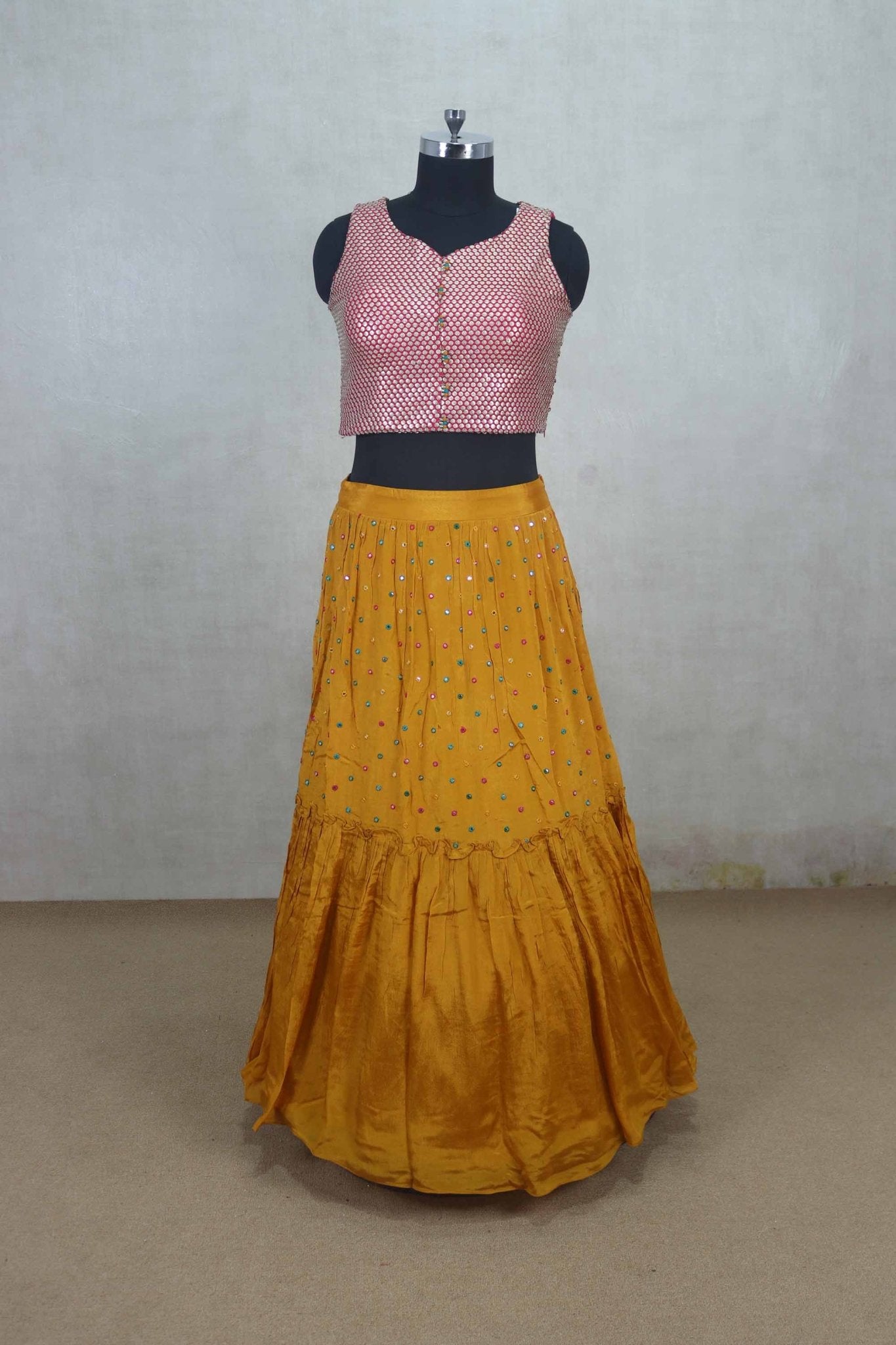 Mustard Yellow Embroidered Lehenga Choli Set with Mirror Work Blouse - Mangaldeep NX