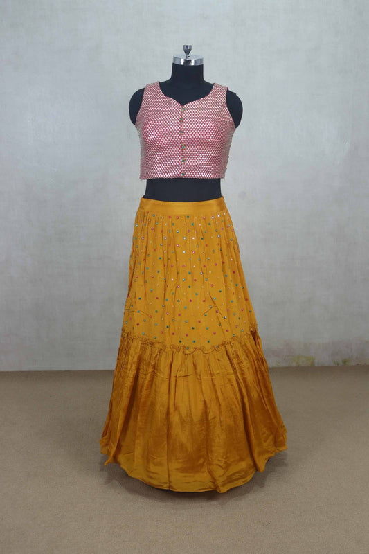 Mustard Yellow Embroidered Lehenga Choli Set with Mirror Work Blouse - Mangaldeep NX