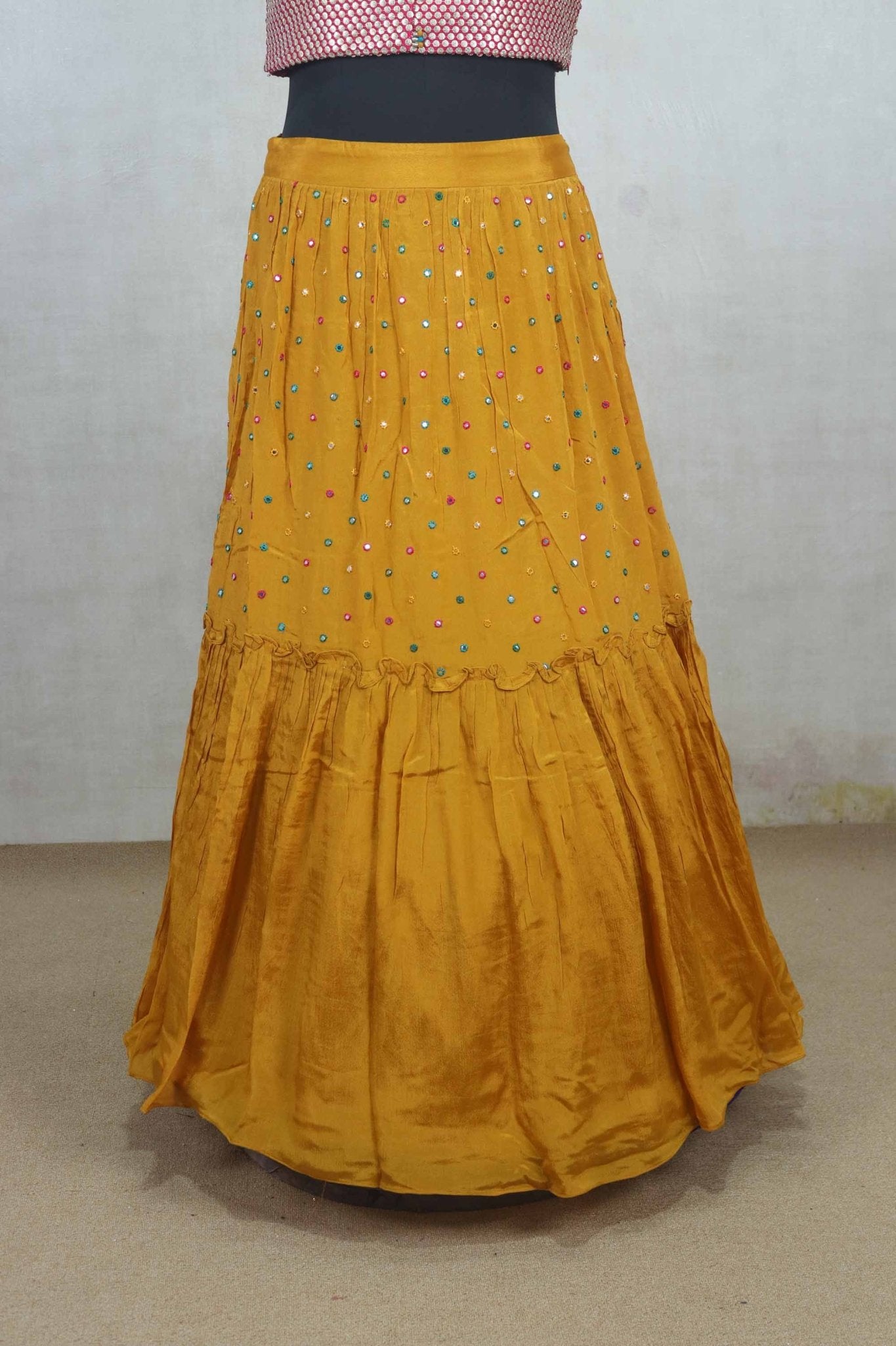 Mustard Yellow Embroidered Lehenga Choli Set with Mirror Work Blouse - Mangaldeep NX
