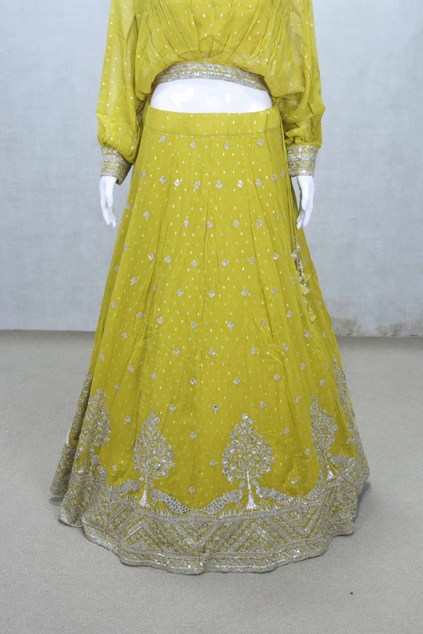 Mustard Yellow Embroidered Lehenga Choli with Mirror Work and Tree Motif Zari Border - Mangaldeep NX