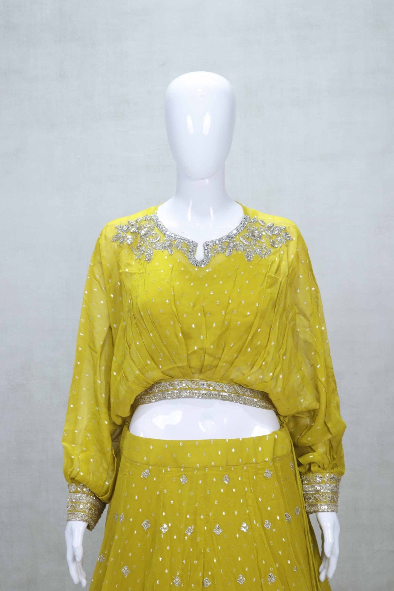 Mustard Yellow Embroidered Lehenga Choli with Mirror Work and Tree Motif Zari Border - Mangaldeep NX