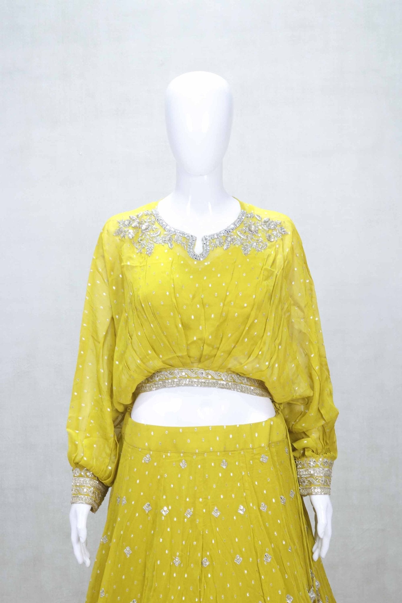 Mustard Yellow Embroidered Lehenga Choli with Mirror Work and Tree Motif Zari Border - Mangaldeep NX
