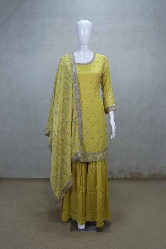 Mustard Yellow Embroidered Salwar Suit with Gharara and Dupatta - Mangaldeep NX
