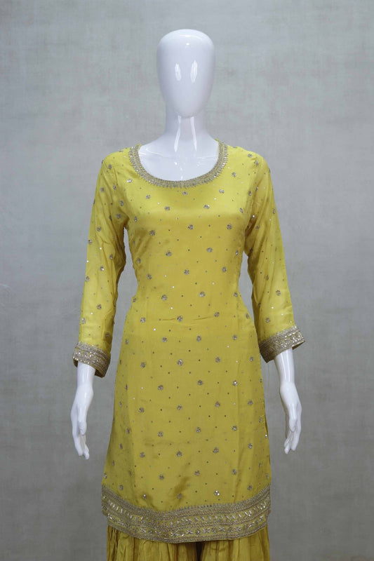 Mustard Yellow Embroidered Salwar Suit with Gharara and Dupatta - Mangaldeep NX