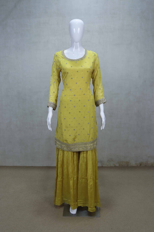 Mustard Yellow Embroidered Salwar Suit with Gharara and Dupatta - Mangaldeep NX