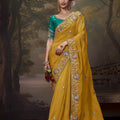 Mustard Yellow Embroidered Silk Saree with Stone Work and Teal Blouse - Mangaldeep NX
