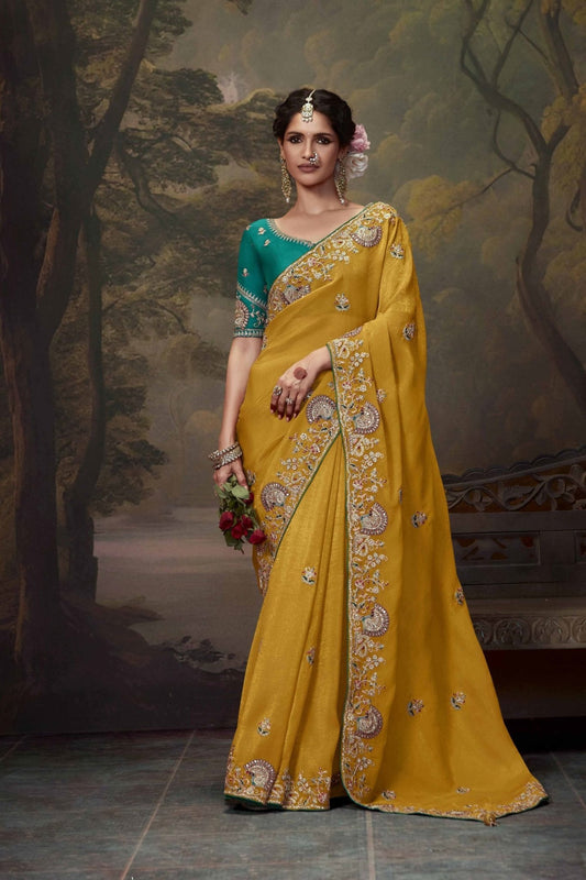 Mustard Yellow Embroidered Silk Saree with Stone Work and Teal Blouse - Mangaldeep NX
