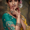 Mustard Yellow Embroidered Silk Saree with Stone Work and Teal Blouse - Mangaldeep NX