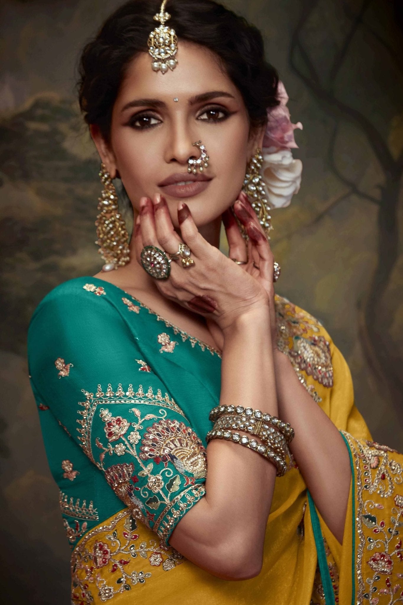 Mustard Yellow Embroidered Silk Saree with Stone Work and Teal Blouse - Mangaldeep NX