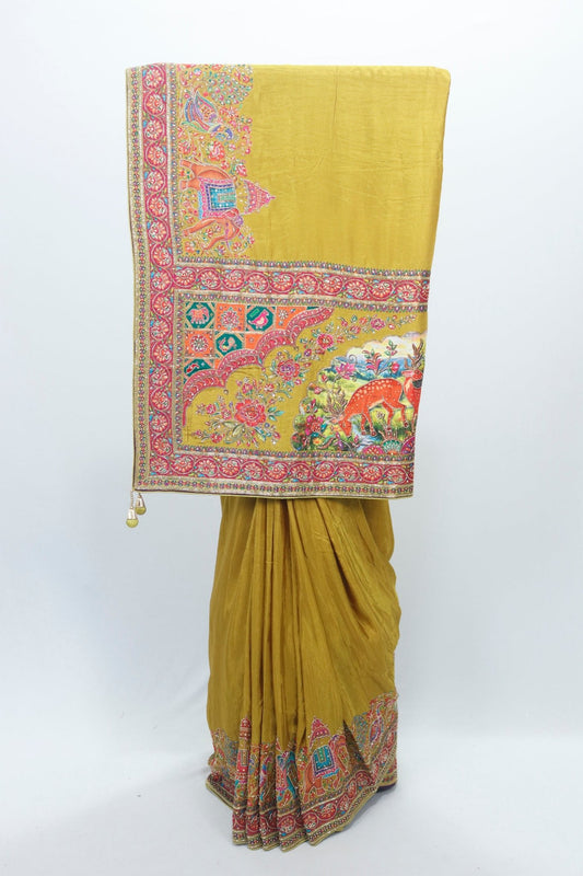 Mustard Yellow Handloom Silk Saree with Multicolor Rajasthani Animal Print and Traditional Embroidery Work - Mangaldeep NX