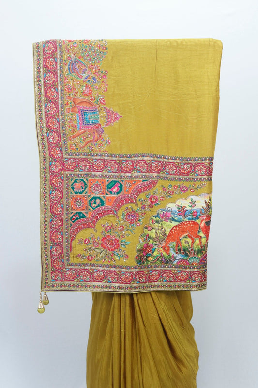 Mustard Yellow Handloom Silk Saree with Multicolor Rajasthani Animal Print and Traditional Embroidery Work - Mangaldeep NX