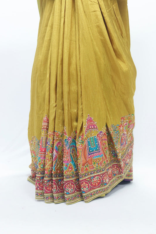 Mustard Yellow Handloom Silk Saree with Multicolor Rajasthani Animal Print and Traditional Embroidery Work - Mangaldeep NX