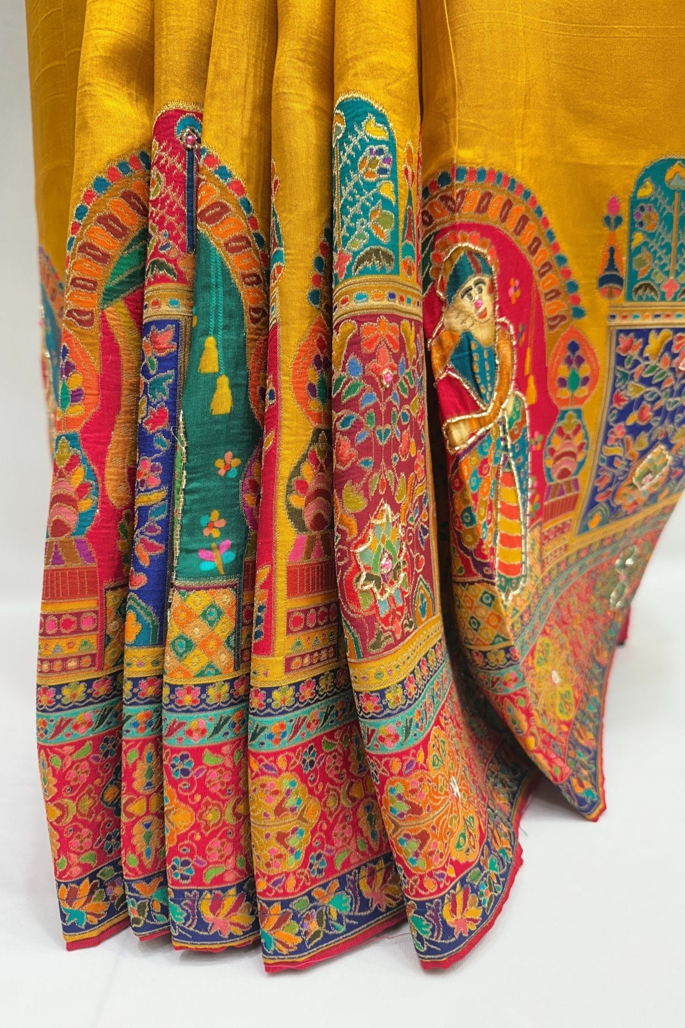 Mustard Yellow Madhubani Art Silk Saree with Multicolor Printed Pallu and Border - Mangaldeep NX