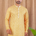 Mustard Yellow Printed Art Silk Kurta for Men with Beige Pyjama - Mangaldeep NX