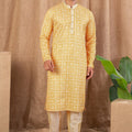 Mustard Yellow Printed Art Silk Kurta for Men with Beige Pyjama - Mangaldeep NX