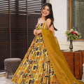 Mustard Yellow Printed Gown with Multicolor Traditional Motifs and Matching Organza Dupatta - Mangaldeep NX