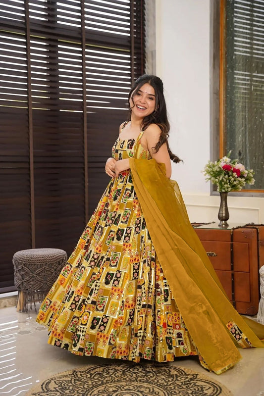 Mustard Yellow Printed Gown with Multicolor Traditional Motifs and Matching Organza Dupatta - Mangaldeep NX
