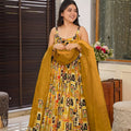 Mustard Yellow Printed Gown with Multicolor Traditional Motifs and Matching Organza Dupatta - Mangaldeep NX