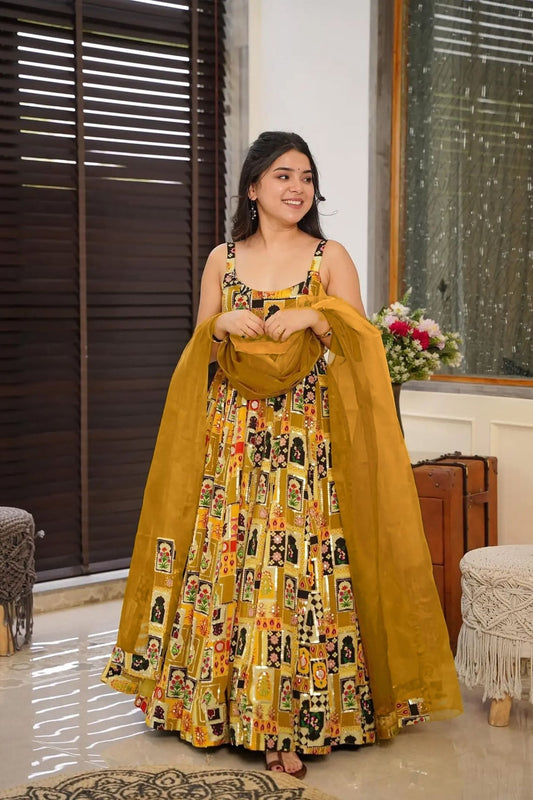 Mustard Yellow Printed Gown with Multicolor Traditional Motifs and Matching Organza Dupatta - Mangaldeep NX